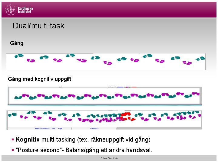 Dual/multi task Gång med kognitiv uppgift § Kognitiv multi-tasking (tex. räkneuppgift vid gång) §