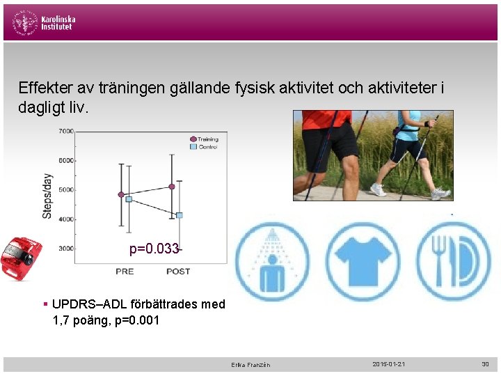 Effekter av träningen gällande fysisk aktivitet och aktiviteter i dagligt liv. p=0. 033 §