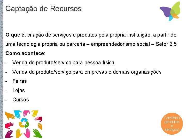 Captação de Recursos O que é: criação de serviços e produtos pela própria instituição,