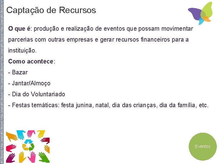 Captação de Recursos O que é: produção e realização de eventos que possam movimentar