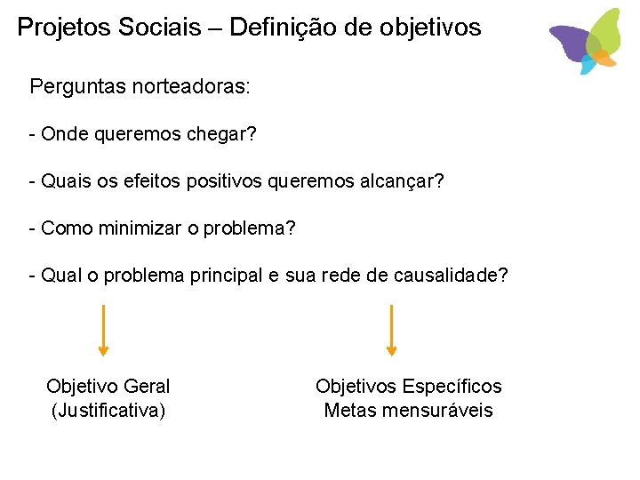 Projetos Sociais – Definição de objetivos Perguntas norteadoras: - Onde queremos chegar? - Quais