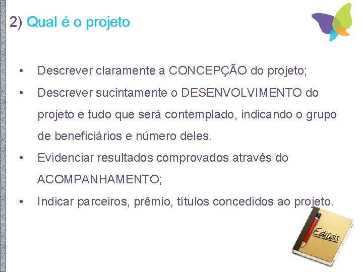 2) Qual é o projeto • Descrever claramente a CONCEPÇÃO do projeto; • Descrever