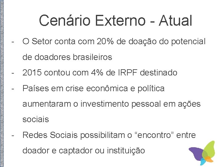 Cenário Externo - Atual - O Setor conta com 20% de doação do potencial