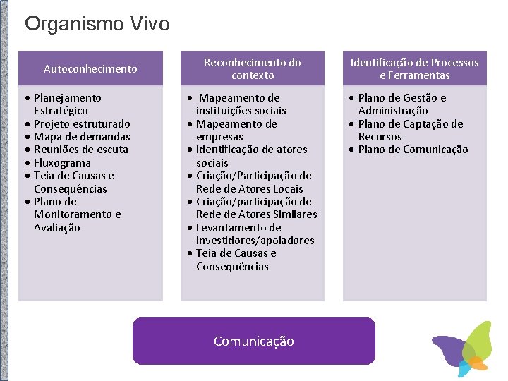 Organismo Vivo Autoconhecimento Planejamento Estratégico Projeto estruturado Mapa de demandas Reuniões de escuta Fluxograma