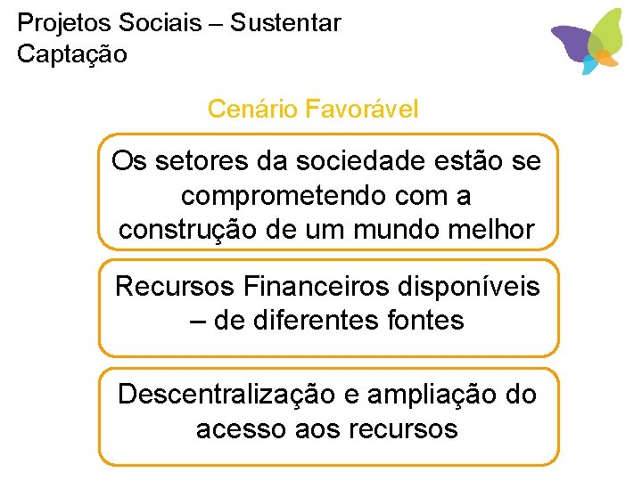 Projetos Sociais – Sustentar Captação Cenário Favorável Os setores da sociedade estão se comprometendo