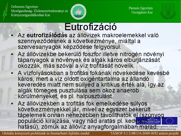 Eutrofizáció • Az eutrofizálódás az állóvizek makroelemekkel való szennyeződésnek a következménye, miáltal a szervesanyagok