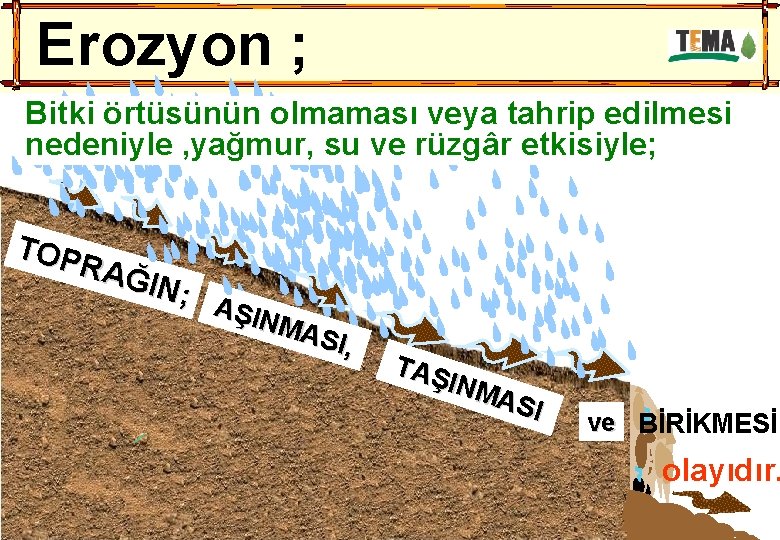 Erozyon ; Bitki örtüsünün olmaması veya tahrip edilmesi nedeniyle , yağmur, su ve rüzgâr