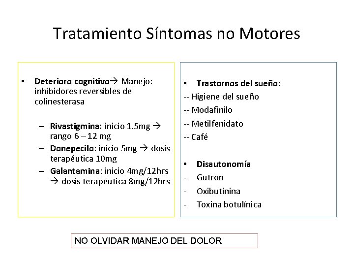 Tratamiento Síntomas no Motores • Deterioro cognitivo Manejo: inhibidores reversibles de colinesterasa – Rivastigmina: