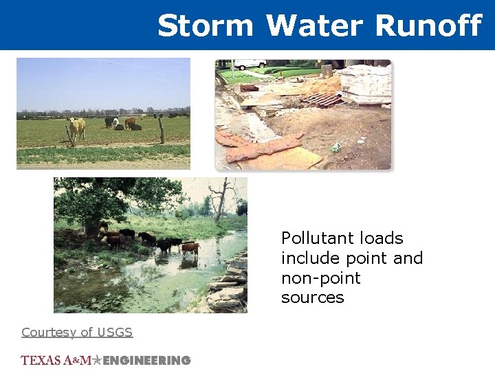 Storm Water Runoff Pollutant loads include point and non-point sources Courtesy of USGS 