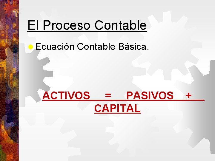 El Proceso Contable Ecuación Contable Básica. ACTIVOS = PASIVOS CAPITAL + 