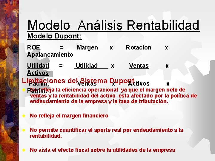 Modelo Análisis Rentabilidad Modelo Dupont: ROE = Margen Apalancamiento x Rotación x Utilidad Activos