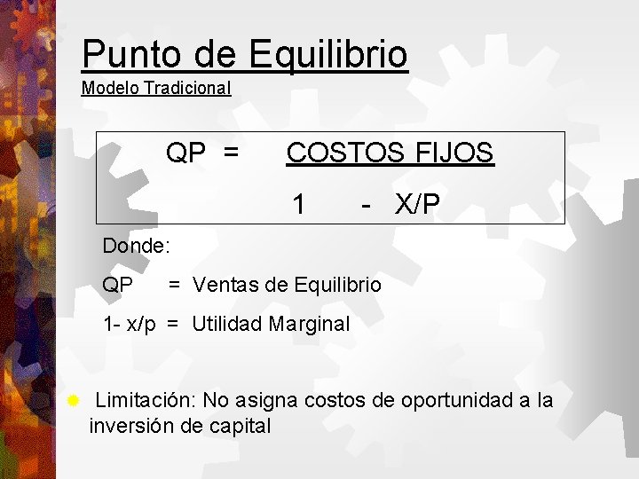 Punto de Equilibrio Modelo Tradicional QP = COSTOS FIJOS 1 - X/P Donde: QP