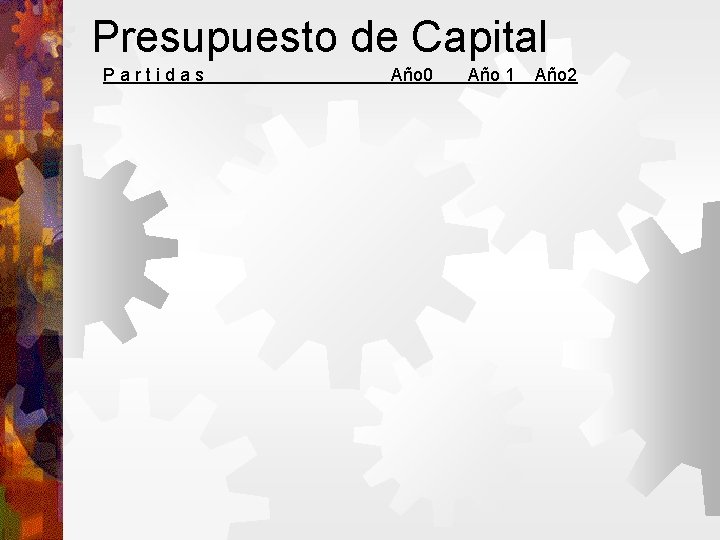 Presupuesto de Capital Partidas Año 0 Año 1 Año 2 