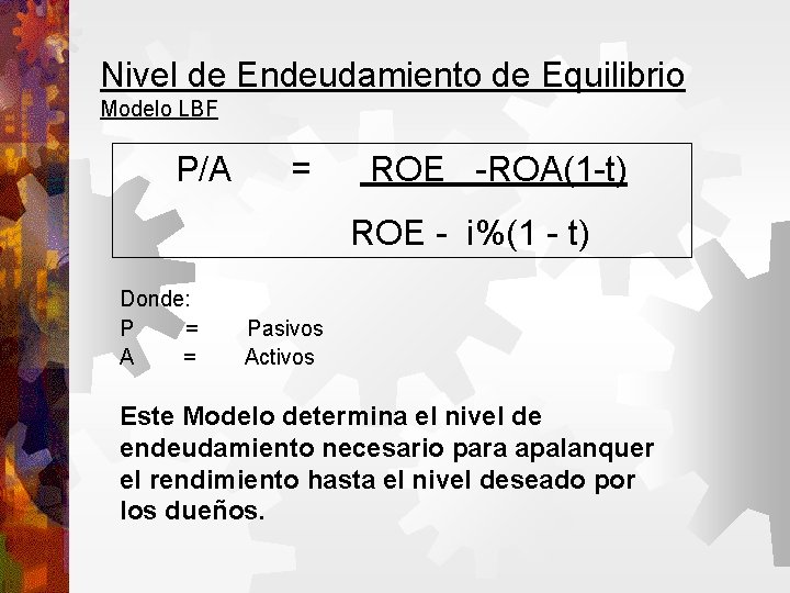 Nivel de Endeudamiento de Equilibrio Modelo LBF P/A = ROE -ROA(1 -t) ROE -