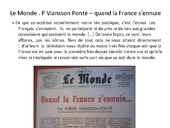 Le Monde. P Viansson Ponté – quand la France s'ennuie « Ce qui caractérise