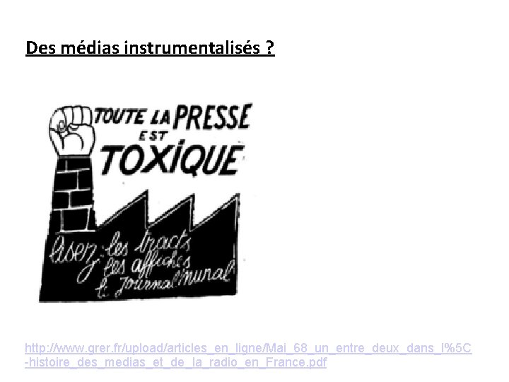 Des médias instrumentalisés ? http: //www. grer. fr/upload/articles_en_ligne/Mai_68_un_entre_deux_dans_l%5 C -histoire_des_medias_et_de_la_radio_en_France. pdf 