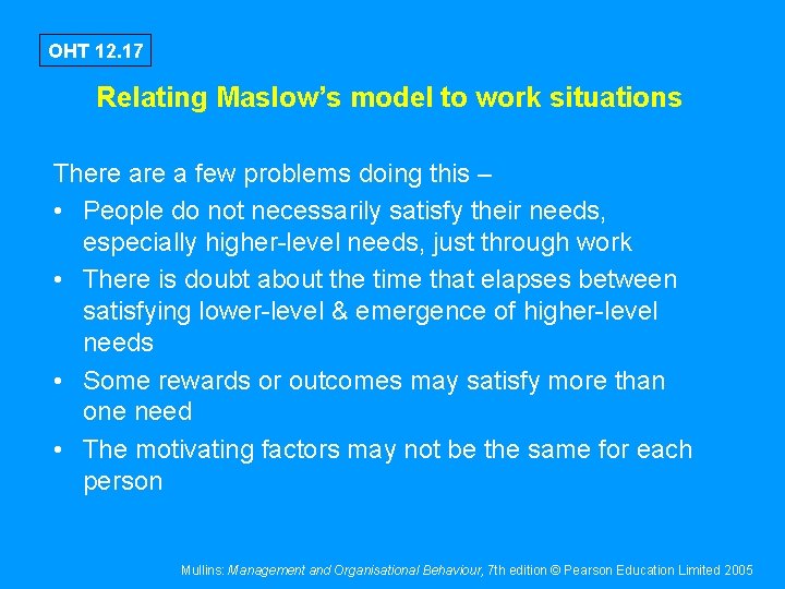 OHT 12. 17 Relating Maslow’s model to work situations There a few problems doing