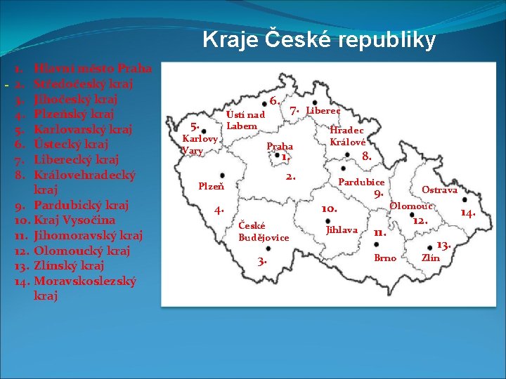 Kraje České republiky 1. 2. 3. 4. 5. 6. 7. 8. Hlavní město Praha