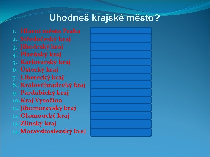 Uhodneš krajské město? 1. Hlavní město Praha 2. Středočeský kraj 3. Jihočeský kraj 4.