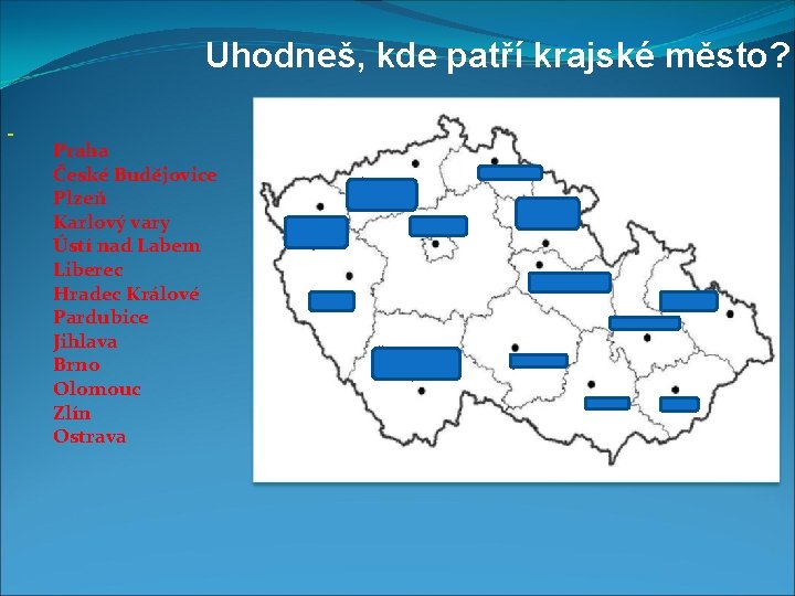 Uhodneš, kde patří krajské město? Praha České Budějovice Plzeň Karlový vary Ústí nad Labem
