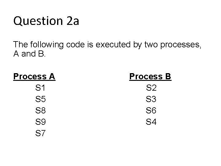 Question 2 a The following code is executed by two processes, A and B.