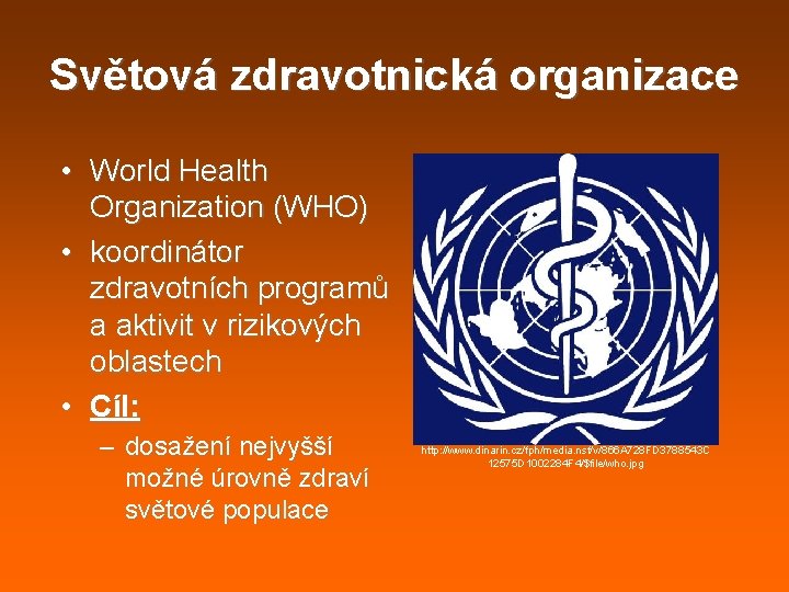 Světová zdravotnická organizace • World Health Organization (WHO) • koordinátor zdravotních programů a aktivit Světová zdravotnická organizace • World Health Organization (WHO) • koordinátor zdravotních programů a aktivit