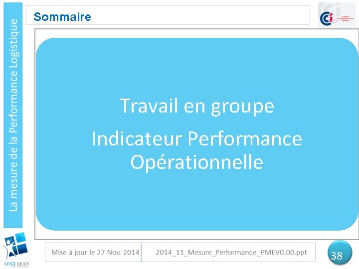 Sommaire Travail en groupe Indicateur Performance Opérationnelle 38 