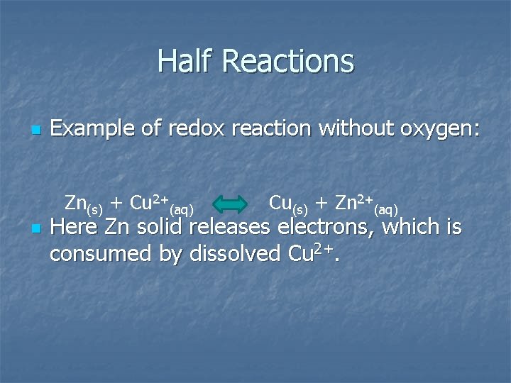 Half Reactions n Example of redox reaction without oxygen: Zn(s) + Cu 2+(aq) n