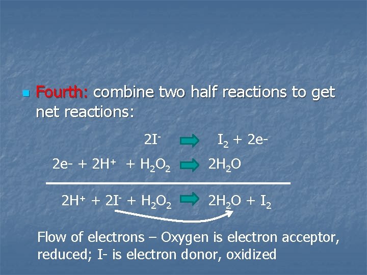 n Fourth: combine two half reactions to get net reactions: 2 I 2 e-