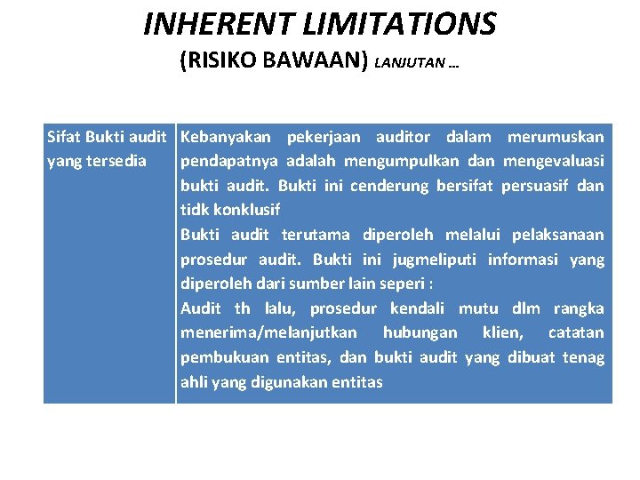 INHERENT LIMITATIONS (RISIKO BAWAAN) LANJUTAN … Sifat Bukti audit Kebanyakan pekerjaan auditor dalam merumuskan