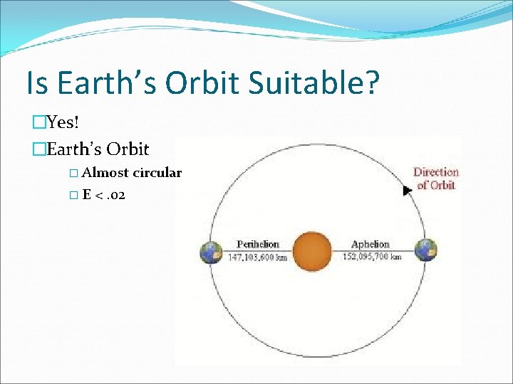 Is Earth’s Orbit Suitable? �Yes! �Earth’s Orbit � Almost �E <. 02 circular 
