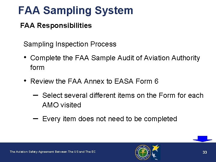 FAA Sampling System FAA Responsibilities Sampling Inspection Process • Complete the FAA Sample Audit