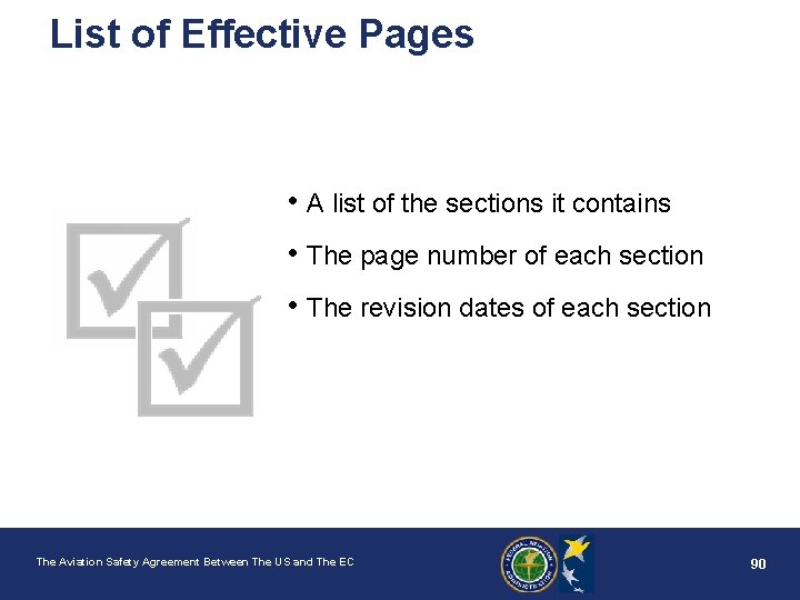 List of Effective Pages • A list of the sections it contains • The