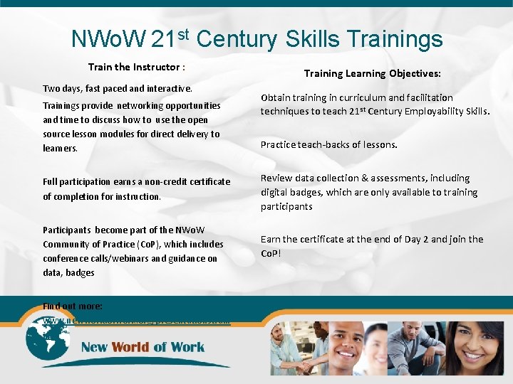 NWo. W 21 st Century Skills Trainings Train the Instructor : Two days, fast