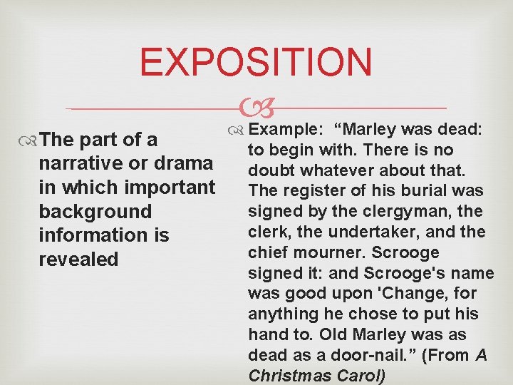 EXPOSITION Example: “Marley was dead: The part of a narrative or drama in which EXPOSITION Example: “Marley was dead: The part of a narrative or drama in which