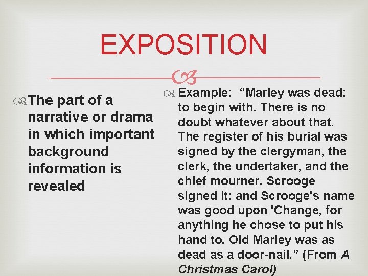 EXPOSITION Example: “Marley was dead: The part of a narrative or drama in which