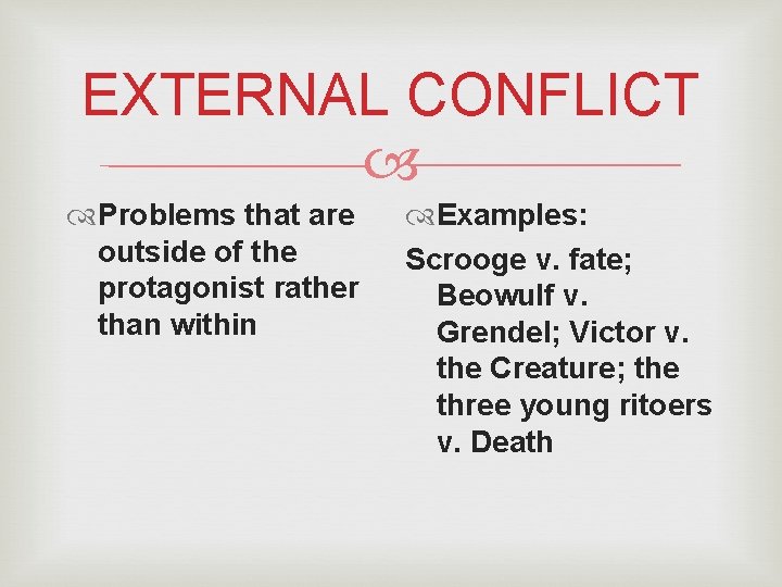 EXTERNAL CONFLICT Problems that are outside of the protagonist rather than within Examples: Scrooge