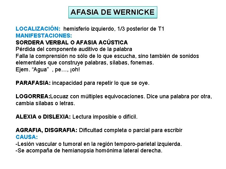 AFASIA DE WERNICKE LOCALIZACIÓN: hemisferio izquierdo, 1/3 posterior de T 1 MANIFESTACIONES: SORDERA VERBAL