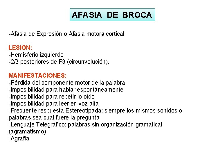 AFASIA DE BROCA -Afasia de Expresión o Afasia motora cortical LESION: -Hemisferio izquierdo -2/3