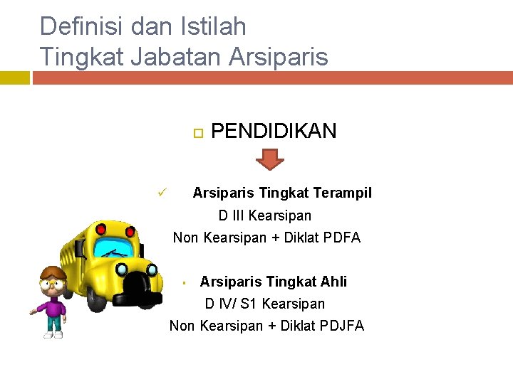 Definisi dan Istilah Tingkat Jabatan Arsiparis PENDIDIKAN Arsiparis Tingkat Terampil ü D III Kearsipan