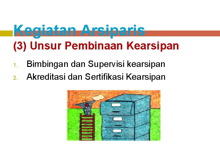 Kegiatan Arsiparis (3) Unsur Pembinaan Kearsipan 1. 2. Bimbingan dan Supervisi kearsipan Akreditasi dan