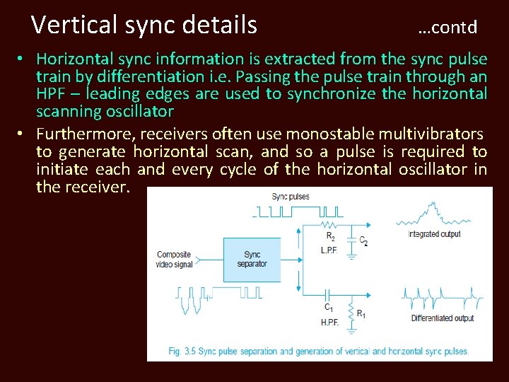 Vertical sync details …contd • Horizontal sync information is extracted from the sync pulse