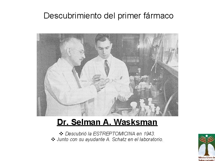 Descubrimiento del primer fármaco Dr. Selman A. Wasksman v Descubrió la ESTREPTOMICINA en 1943.