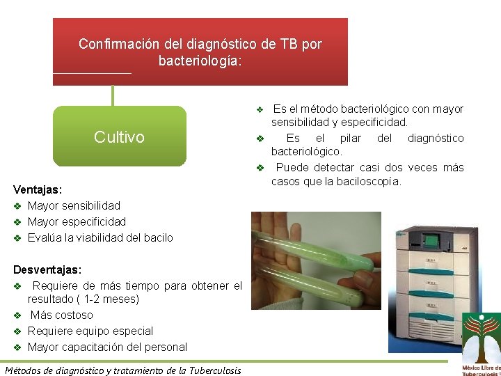 Confirmación del diagnóstico de TB por bacteriología: Es el método bacteriológico con mayor sensibilidad