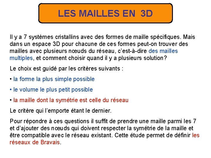 LES MAILLES EN 3 D Il y a 7 systèmes cristallins avec des formes