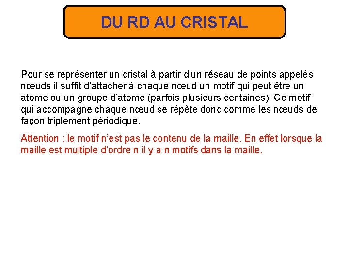 DU RD AU CRISTAL Pour se représenter un cristal à partir d’un réseau de