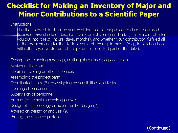 Checklist for Making an Inventory of Major and Minor Contributions to a Scientific Paper