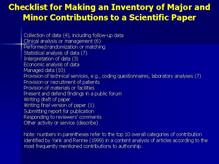 Checklist for Making an Inventory of Major and Minor Contributions to a Scientific Paper