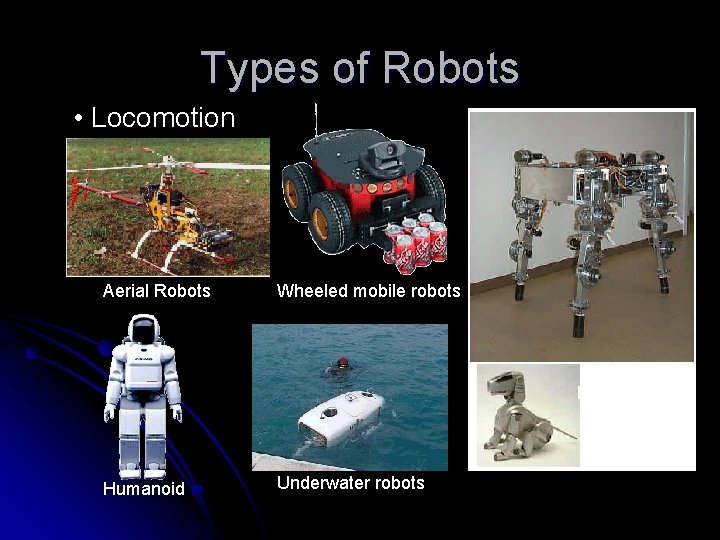 Types of Robots • Locomotion Aerial Robots Wheeled mobile robots Legged robots Humanoid Underwater Types of Robots • Locomotion Aerial Robots Wheeled mobile robots Legged robots Humanoid Underwater