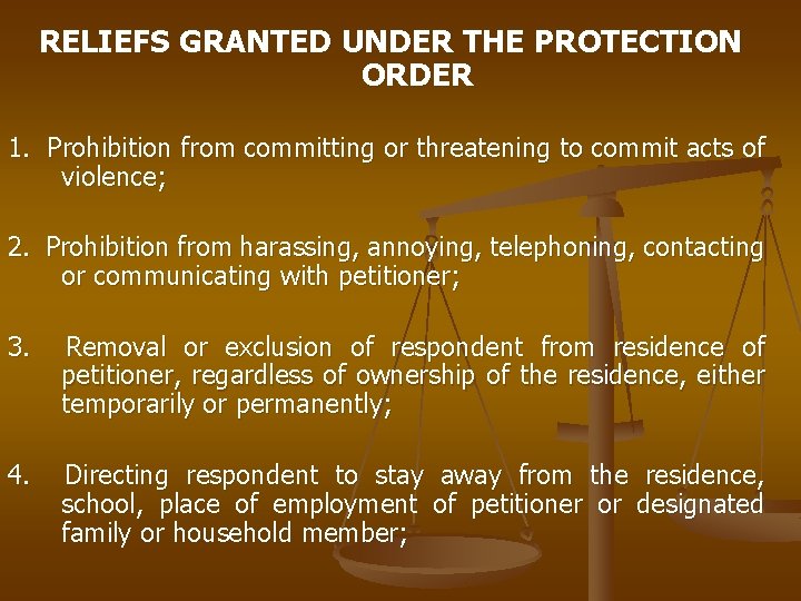 RELIEFS GRANTED UNDER THE PROTECTION ORDER 1. Prohibition from committing or threatening to commit